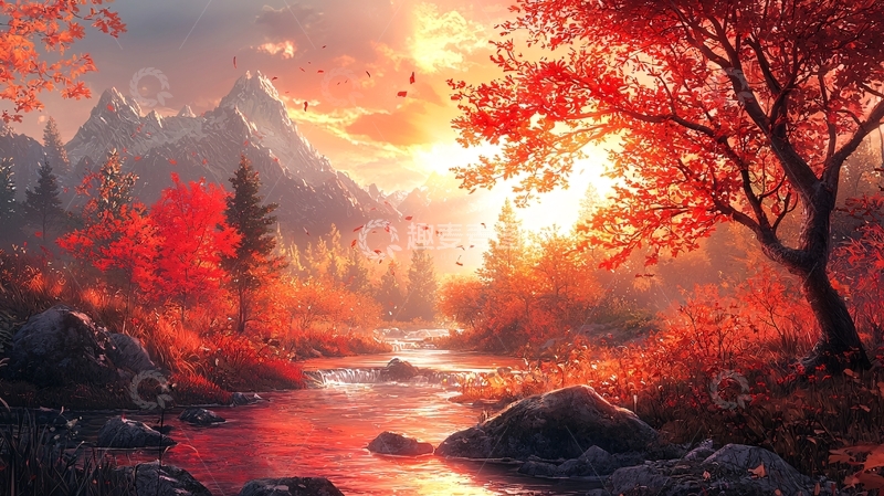 高清大图下载【趣麦麦图】秋日山川红叶溪流