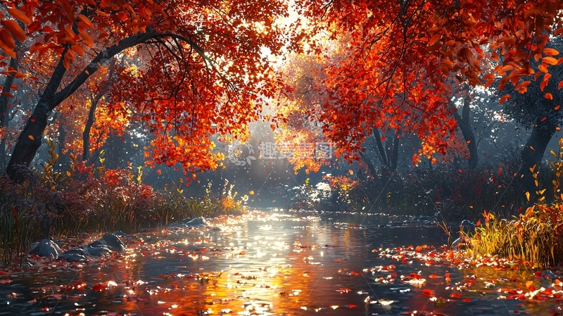 高清大图下载【趣麦麦图】秋日红叶溪流景色