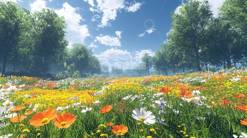 高清大图下载【趣麦麦图】阳光明媚的花海田园