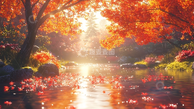 高清大图下载【趣麦麦图】秋日阳光下的枫叶小溪