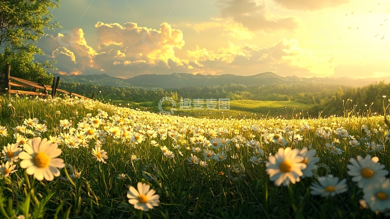 高清大图下载【趣麦麦图】金色的夕阳下的雏菊花田