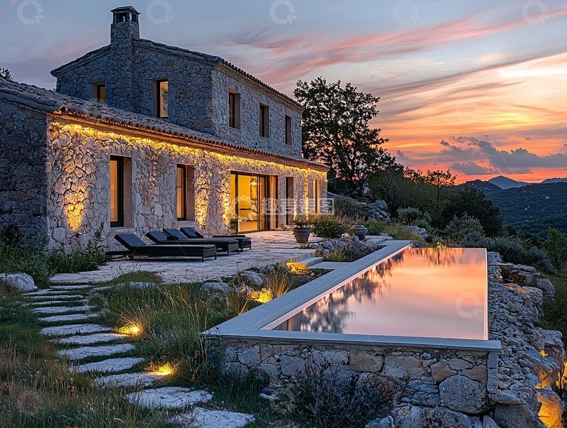 高清大图下载【趣麦麦图】日落时分石砌别墅泳池景观