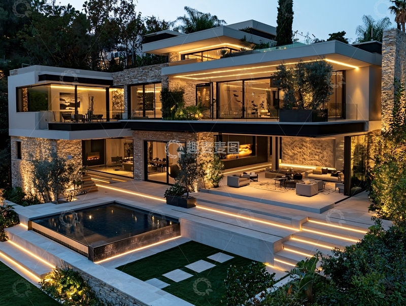 高清大图下载【趣麦麦图】现代简约别墅夜景
