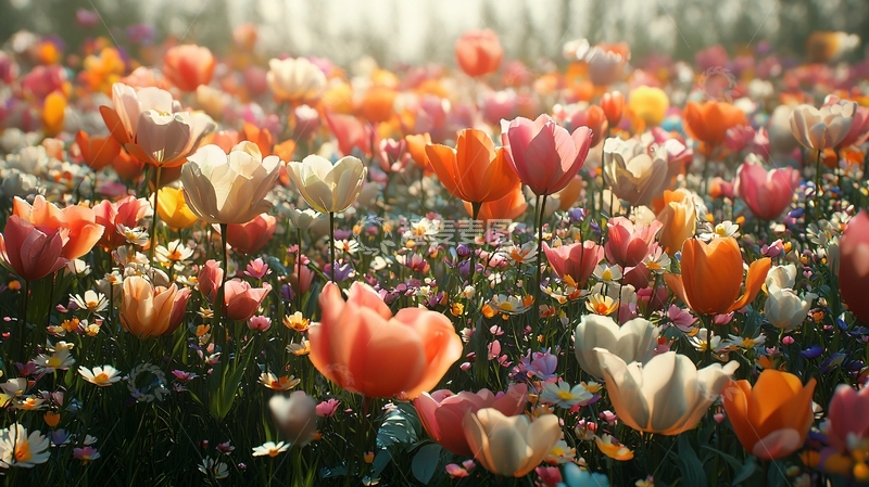 高清大图下载【趣麦麦图】阳光下五彩缤纷的郁金香花田