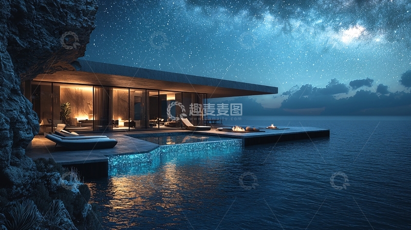 高清大图下载【趣麦麦图】海边现代别墅夜景