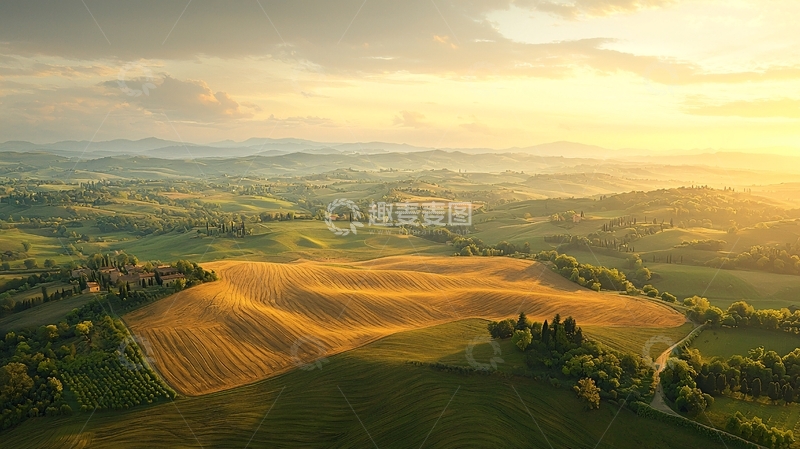 高清大图下载【趣麦麦图】日出时分的托斯卡纳田园风光