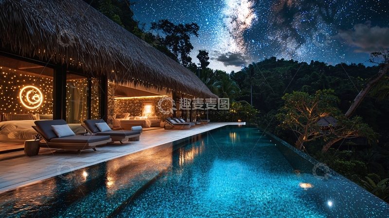 高清大图下载【趣麦麦图】星空下泳池别墅夜景