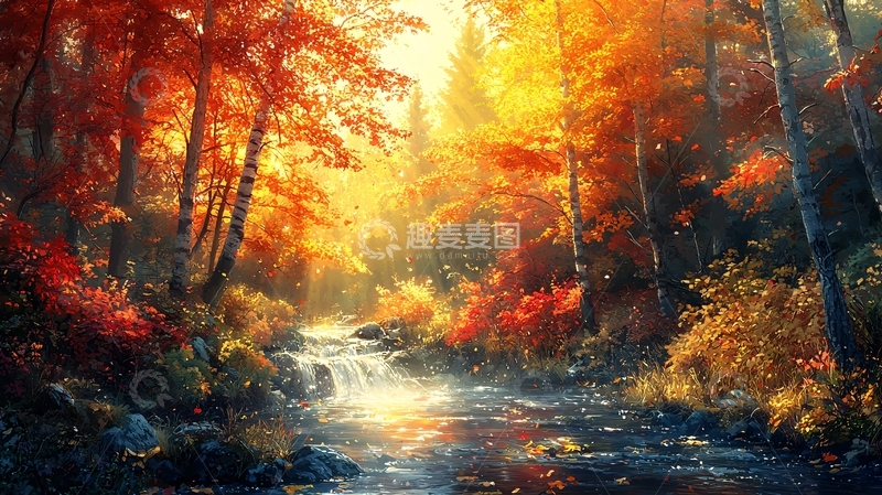 高清大图下载【趣麦麦图】秋日森林小溪瀑布