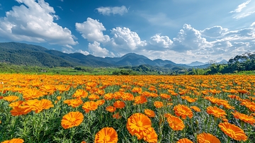 阳光明媚下的金盏花田