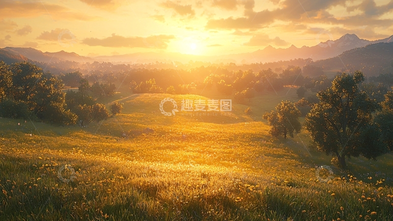 高清大图下载【趣麦麦图】金色阳光洒在绿色田野
