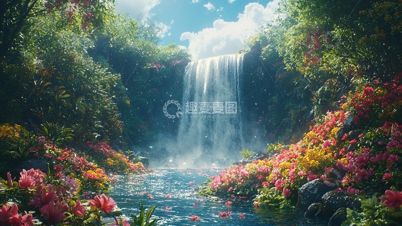 高清大图下载【趣麦麦图】梦幻瀑布鲜花环绕