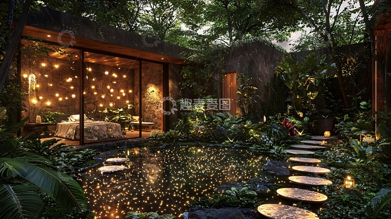 高清大图下载【趣麦麦图】丛林小屋夜景