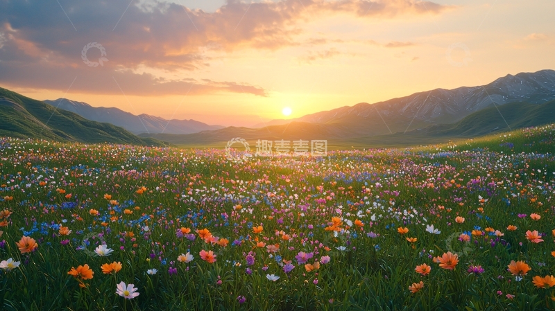 高清大图下载【趣麦麦图】日出花海山峦景色