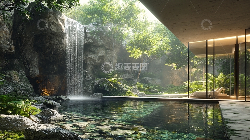 高清大图下载【趣麦麦图】瀑布室内泳池