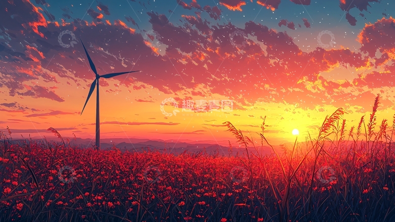 高清大图下载【趣麦麦图】日落风力发电机田野