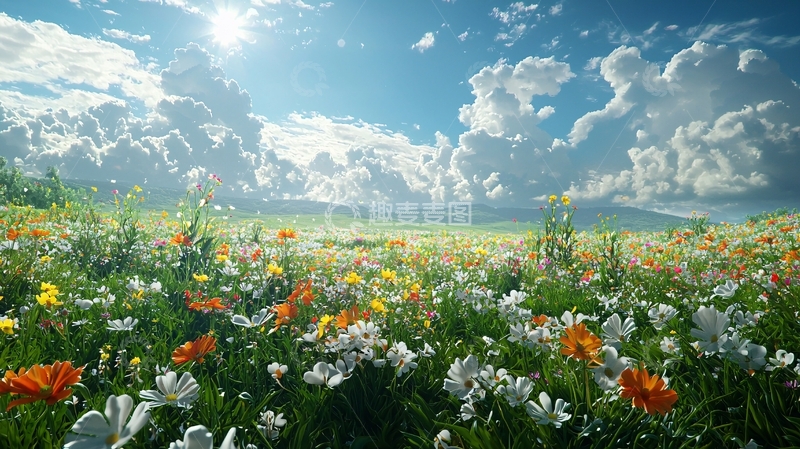 高清大图下载【趣麦麦图】阳光明媚的花海草原