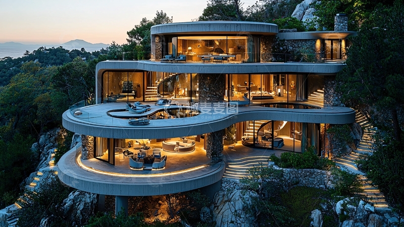 高清大图下载【趣麦麦图】山崖上的现代风格别墅