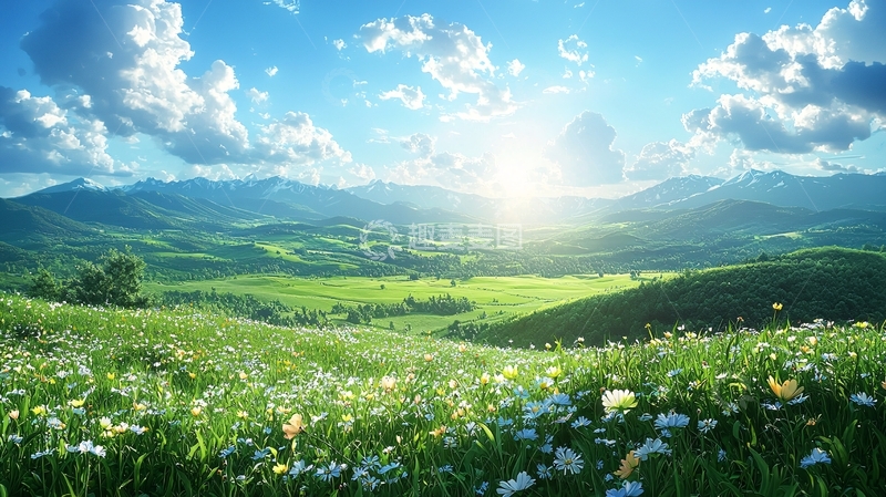 高清大图下载【趣麦麦图】阳光明媚的山谷草原