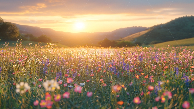 高清大图下载【趣麦麦图】夕阳下的野花田