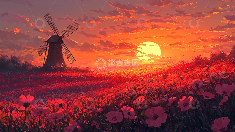 高清大图下载【趣麦麦图】夕阳下的红色花田风车