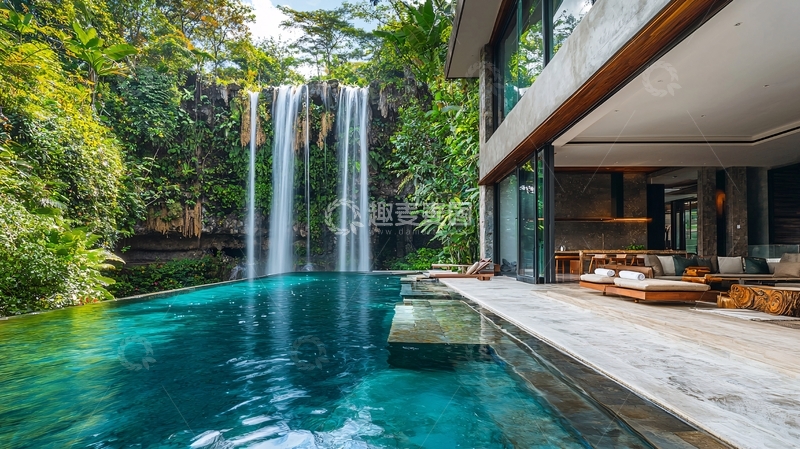 高清大图下载【趣麦麦图】瀑布别墅泳池