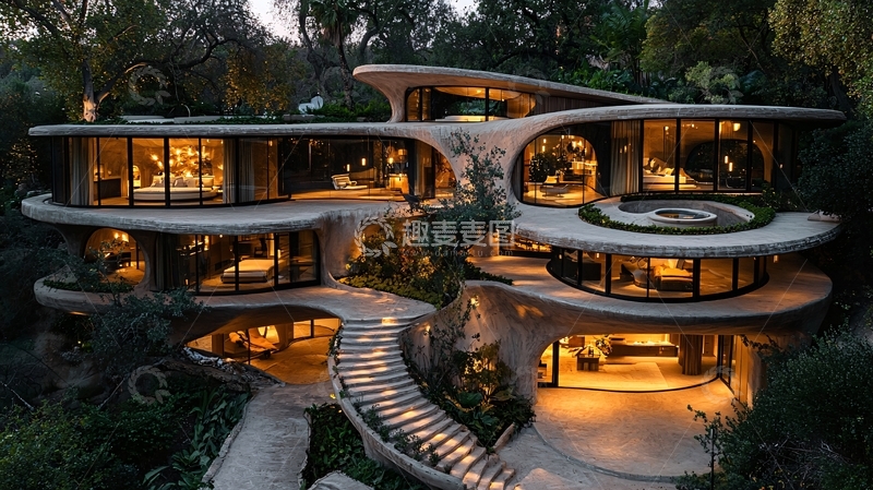 高清大图下载【趣麦麦图】夜幕下的现代风格曲线别墅
