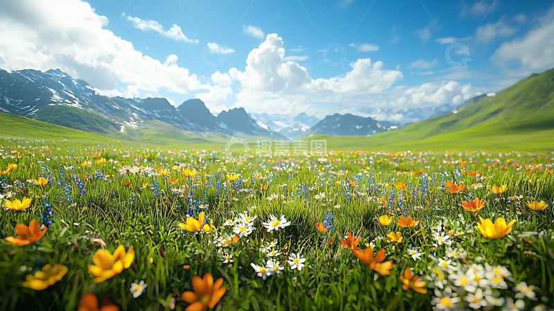 高清大图下载【趣麦麦图】山间野花盛开的草原