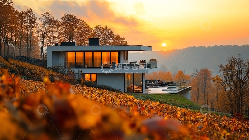 高清大图下载【趣麦麦图】秋日山坡现代别墅