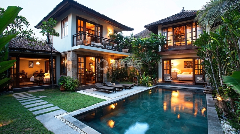 高清大图下载【趣麦麦图】别墅泳池花园夜景