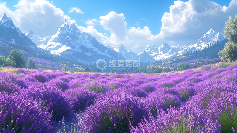 高清大图下载【趣麦麦图】薰衣草田与雪山美景