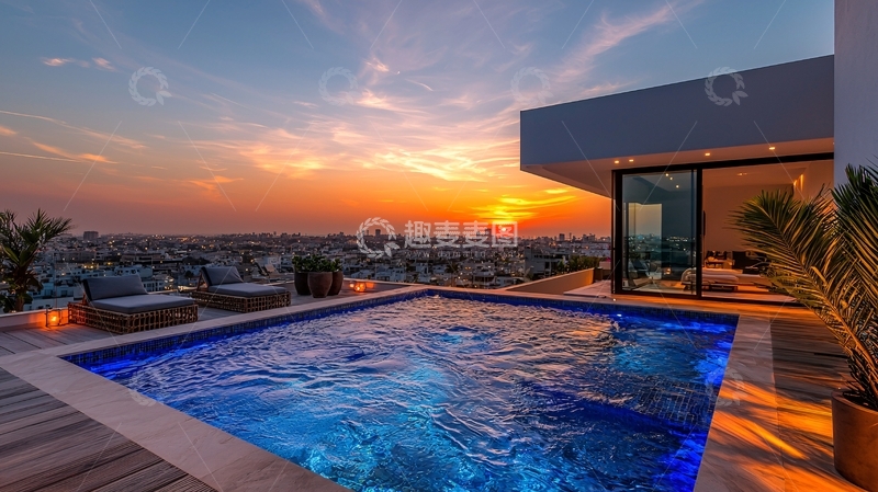 高清大图下载【趣麦麦图】顶层泳池日落美景