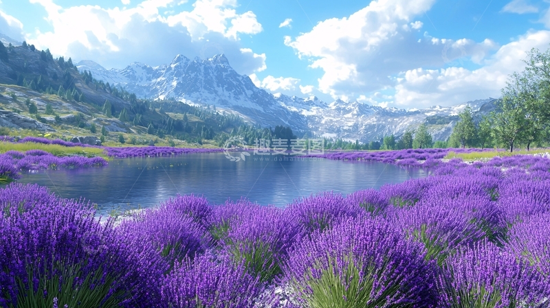 高清大图下载【趣麦麦图】薰衣草湖泊雪山风景