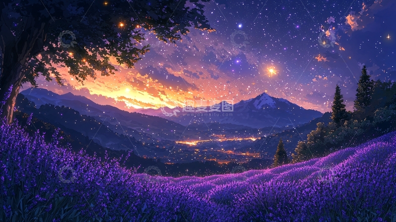 高清大图下载【趣麦麦图】梦幻星空下的薰衣草田