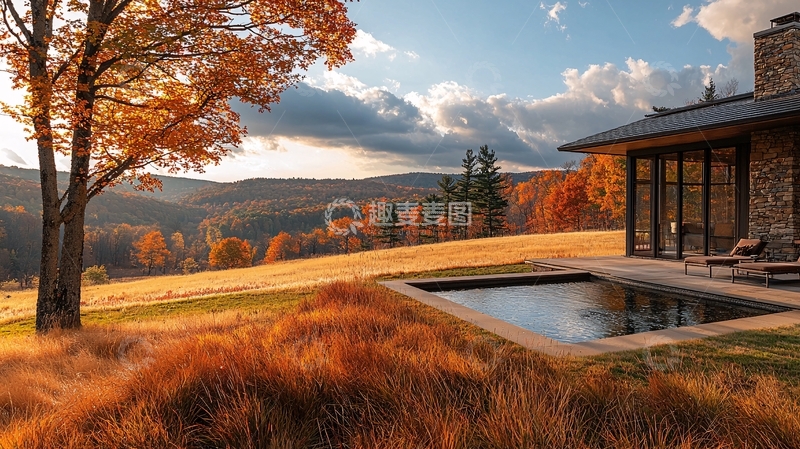 高清大图下载【趣麦麦图】秋日乡间别墅泳池景色
