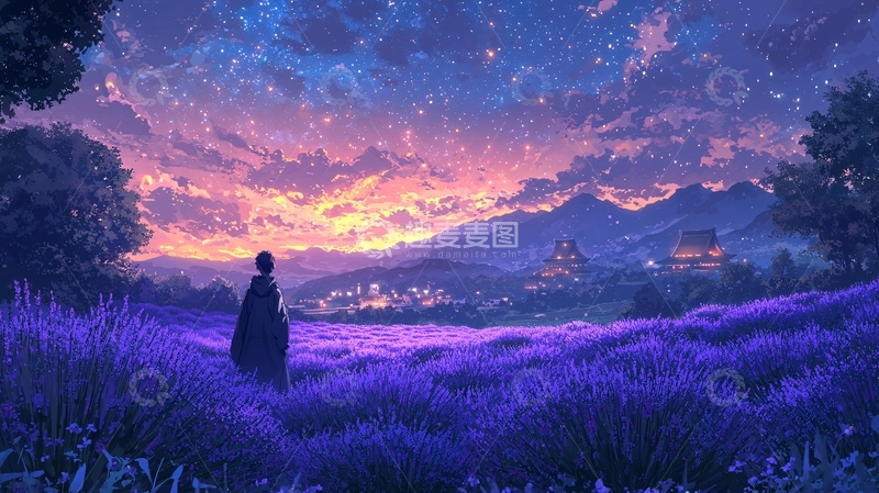 高清大图下载【趣麦麦图】紫色薰衣草田星空
