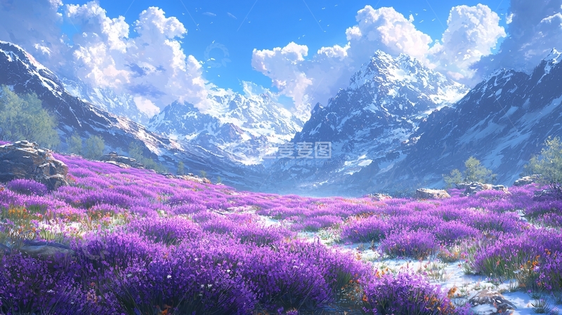 高清大图下载【趣麦麦图】紫色花海雪山风景