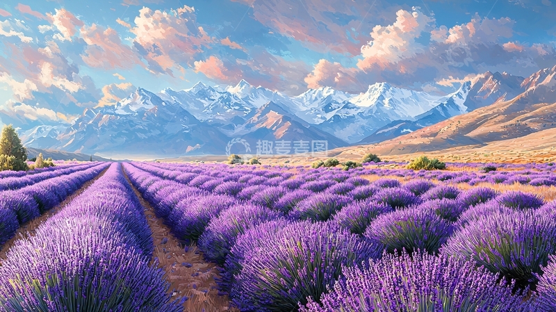 高清大图下载【趣麦麦图】薰衣草田与雪山