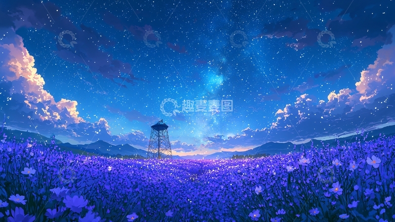 高清大图下载【趣麦麦图】紫色花海星空