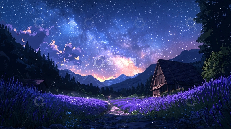 高清大图下载【趣麦麦图】星空下的薰衣草田