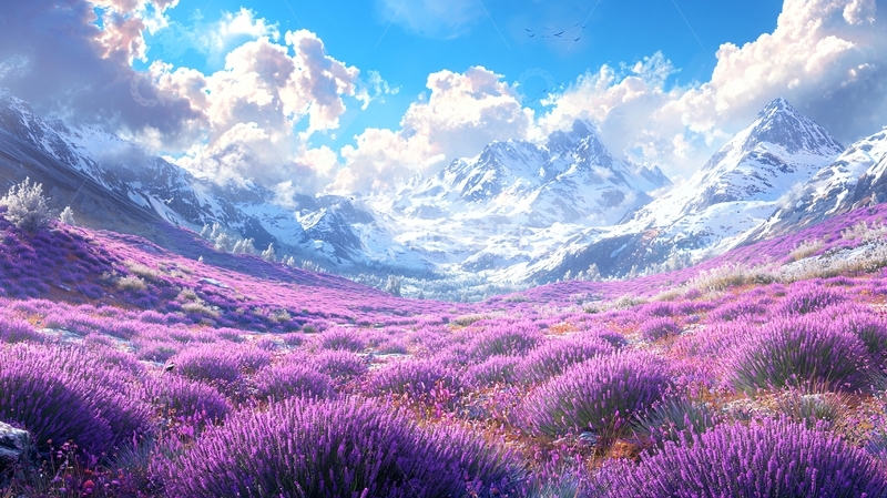高清大图下载【趣麦麦图】梦幻雪山薰衣草花田