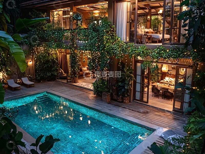 高清大图下载【趣麦麦图】别墅泳池夜景