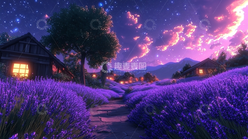 高清大图下载【趣麦麦图】梦幻薰衣草村庄夜景