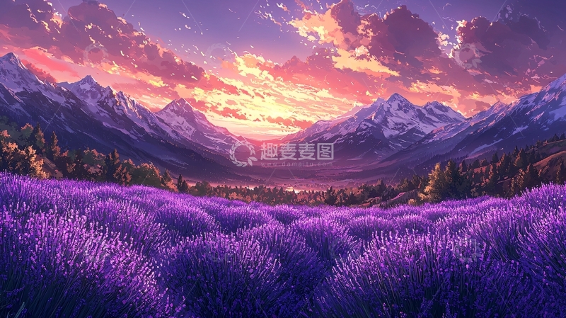 高清大图下载【趣麦麦图】夕阳下的薰衣草山谷