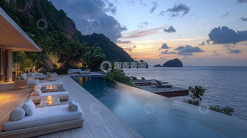 高清大图下载【趣麦麦图】海边别墅落日晚霞