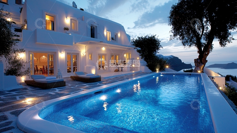高清大图下载【趣麦麦图】夜幕下的白色别墅泳池