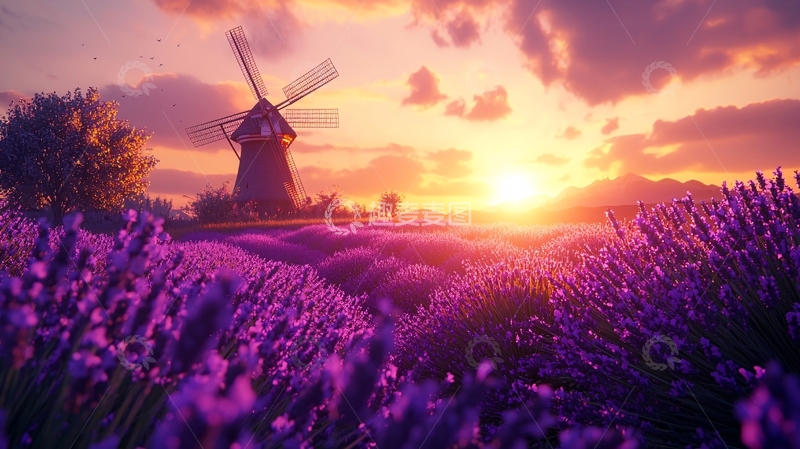 高清大图下载【趣麦麦图】日落薰衣草田风车