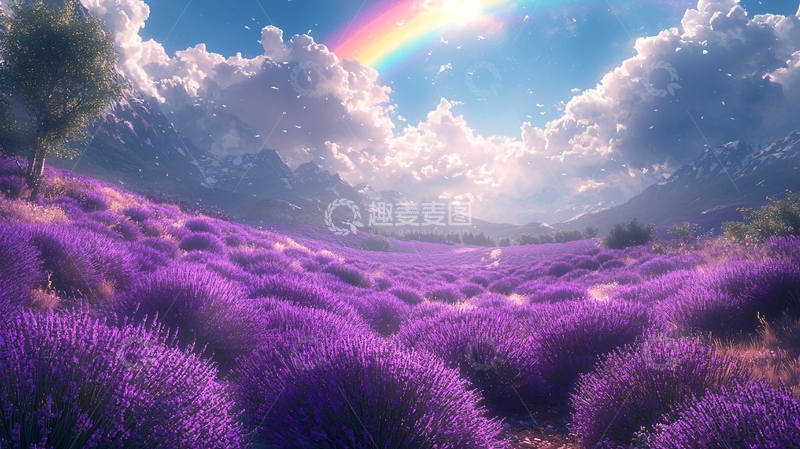 高清大图下载【趣麦麦图】彩虹下的薰衣草田