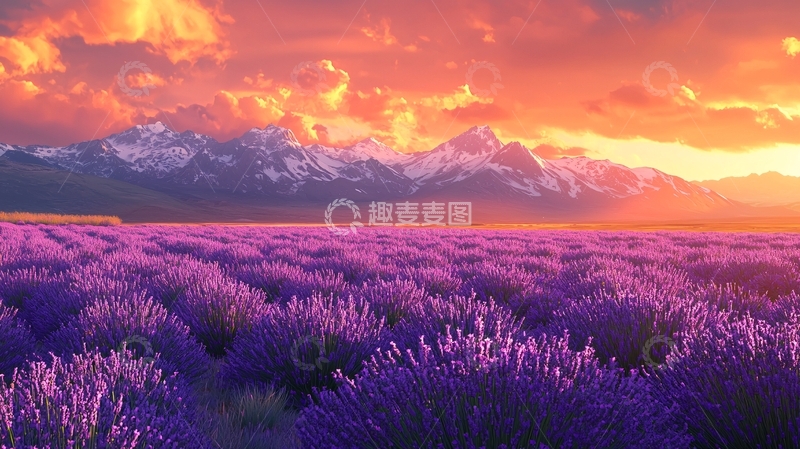高清大图下载【趣麦麦图】日落雪山薰衣草田