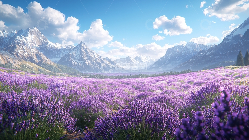 高清大图下载【趣麦麦图】薰衣草花海雪山背景