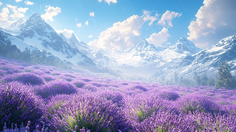 高清大图下载【趣麦麦图】雪山薰衣草田